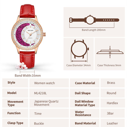MEGIR Diamond Women Luxury Watch Elegant Ladies Quartz Wristwatch Female Bracelet Watches Waterproof Red Leather Dress Clock