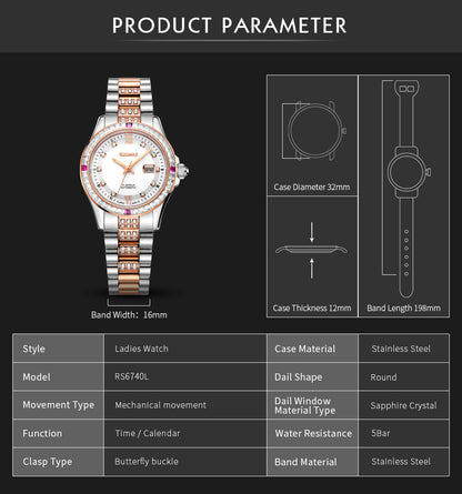 RUIMAS Sapphire Mechanical Women Watch Brand Luxury Steel Bracelet Ladies Fashion Watch Automatic Female Clock Reloj Mujer 6740