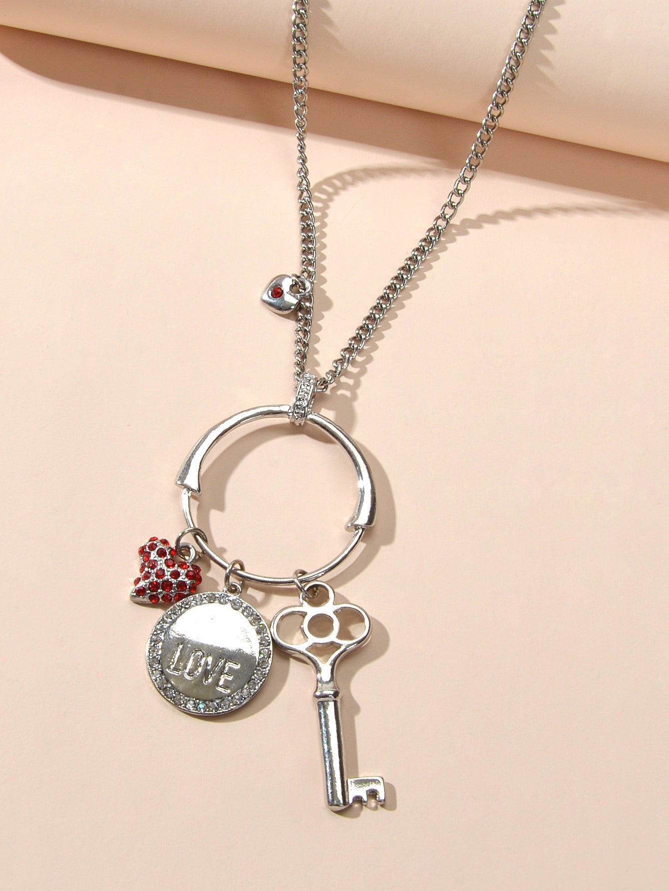 Gift Jewellery Women Girls Long Silver Chain Love Round Heart Key Charm Necklace