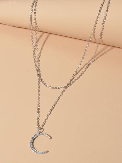 Women Accessories Double layer Chain with Rhinestone Moon Charm Trendy Necklace