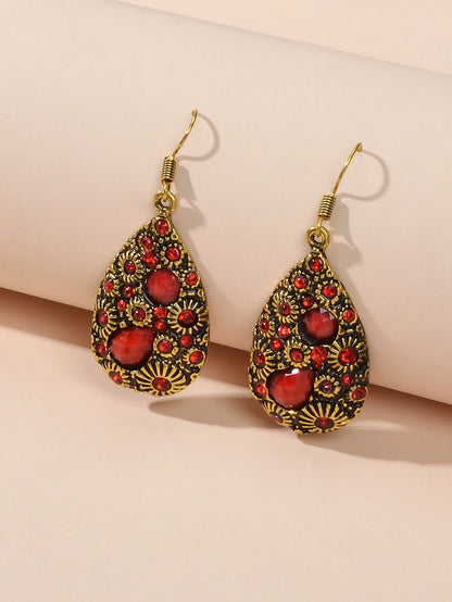 Retro Jewellery Textured Women Accessories Crystal Antique Water Drop Earrings