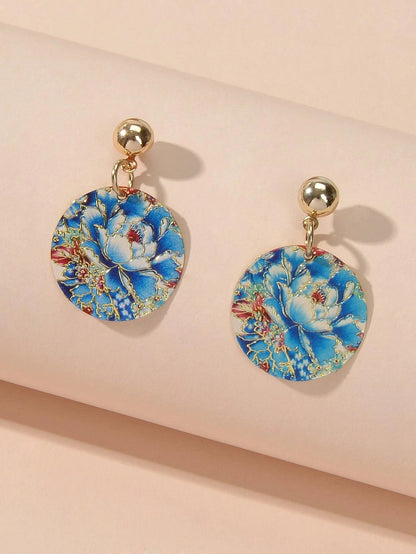 Ethnic Jewellery Blue Flower Round Drop Earrings Bohemian Women Accessories Gift