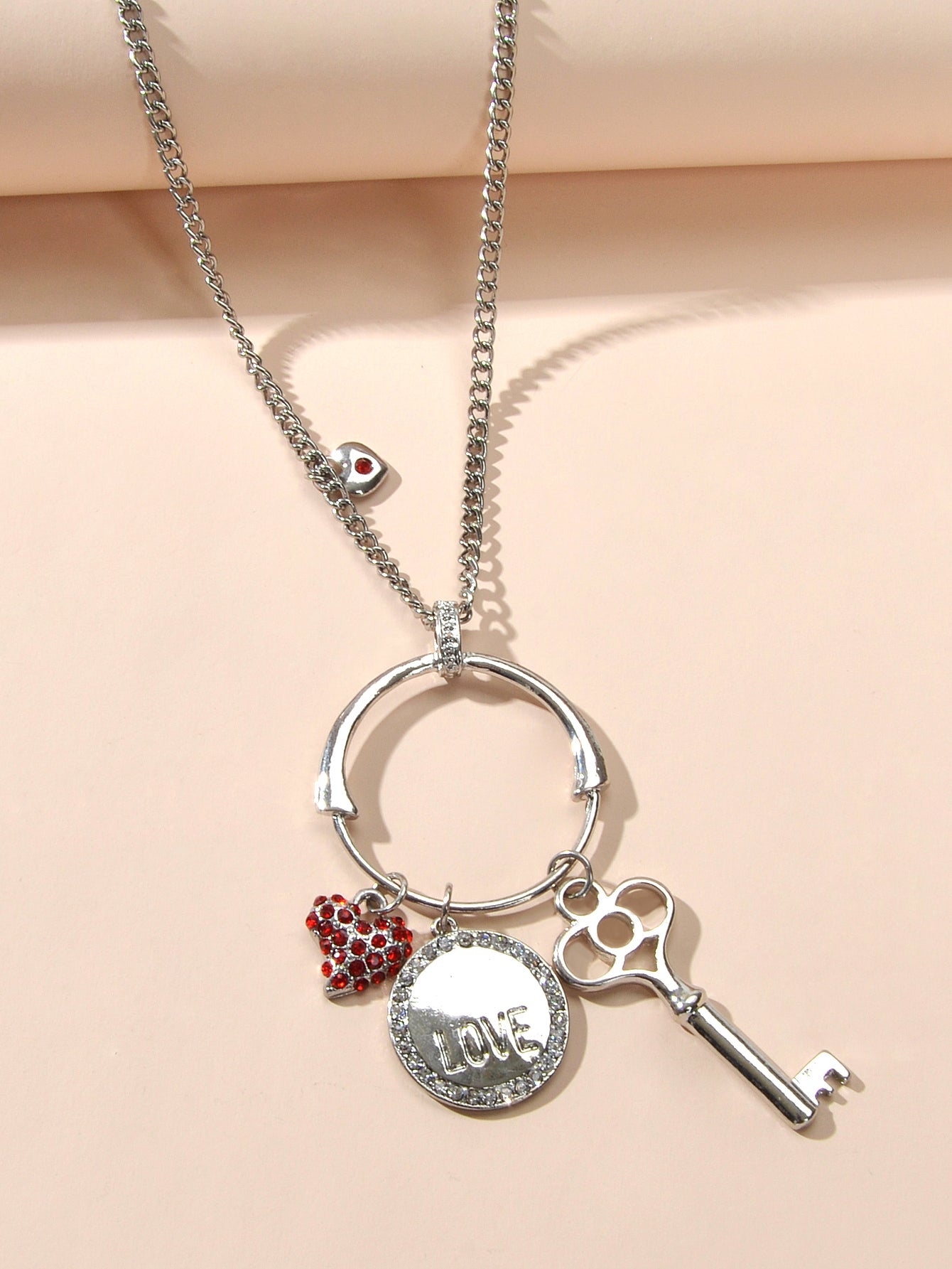 Gift Jewellery Women Girls Long Silver Chain Love Round Heart Key Charm Necklace