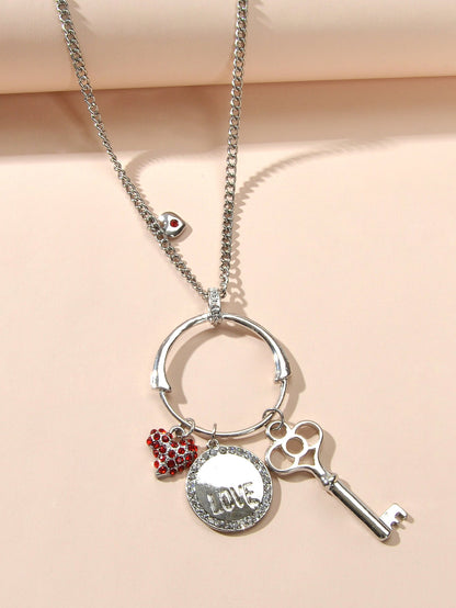 Gift Jewellery Women Girls Long Silver Chain Love Round Heart Key Charm Necklace