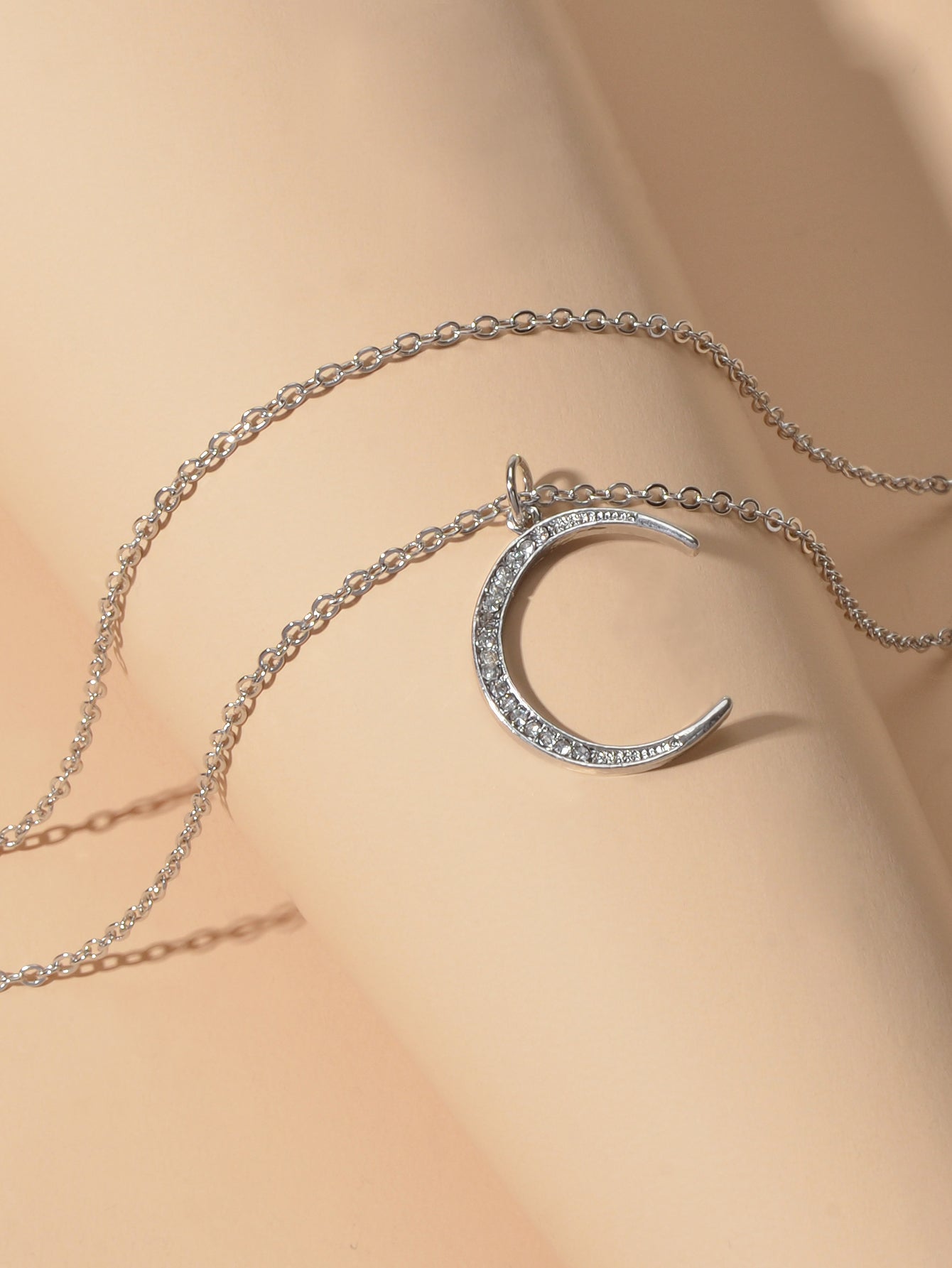 Women Accessories Double layer Chain with Rhinestone Moon Charm Trendy Necklace