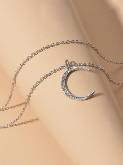 Women Accessories Double layer Chain with Rhinestone Moon Charm Trendy Necklace