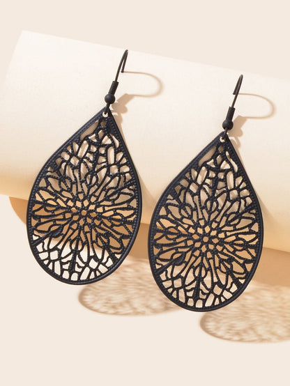Vintage Black Flower Pattern Hollow Water Drop Earrings Trendy Women Accessories