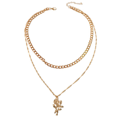 Female Jewelry Double layer Gold Chain Flower Pendant Necklace Women Accessories