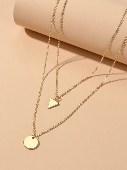 2pcs Minimalist Style Women Accessories Gold Chain Triangle Round Charm Necklace