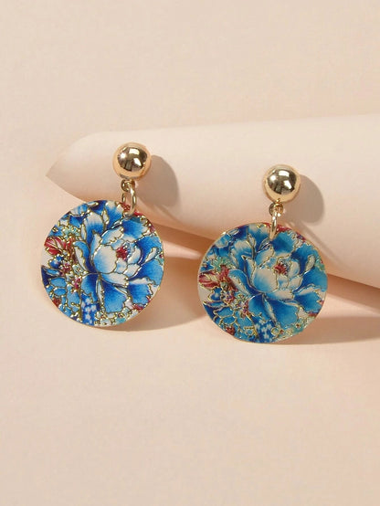 Ethnic Jewellery Blue Flower Round Drop Earrings Bohemian Women Accessories Gift