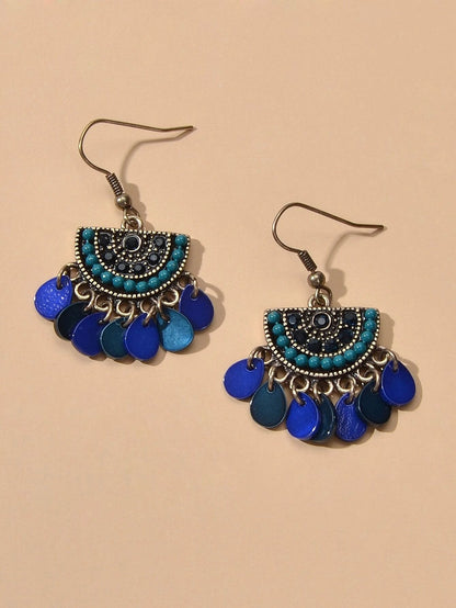 Boho Jewellery Blue Beads Sectored Water Drop Earrings Ethnic Women Accessories