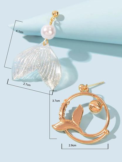 Exquisite Women Accessories Pearl Decor Mermaid Tail Asymmetric Holiday Earrings