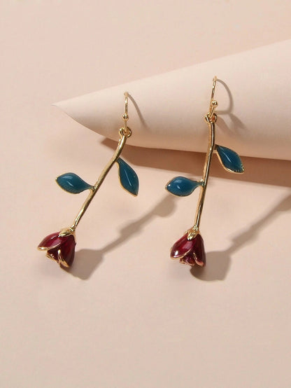 Feelontop Winered Rose Flower Drop Dangle Earrings Women Teens Party Accessories