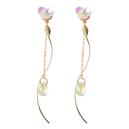 White Flower Gold Chain Dangle Earrings Women Accessories Tassel Stud Jewellery