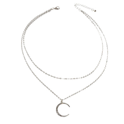 Women Accessories Double layer Chain with Rhinestone Moon Charm Trendy Necklace