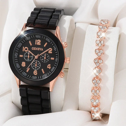 Womens Watch Jewelry Bracelet Ring Set (BK-SL)