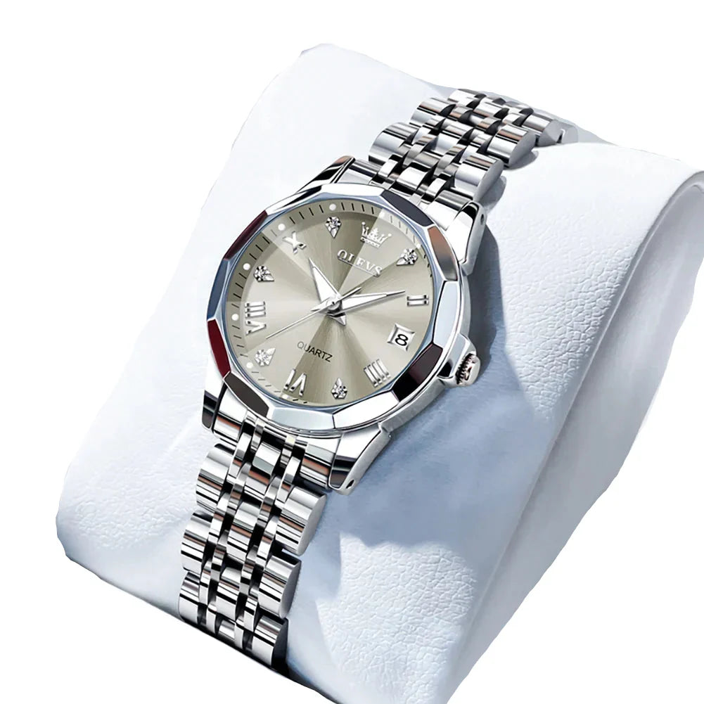 Womens Stainless Steel Quartz Watch Waterproof (Silver Grey)