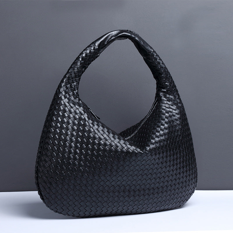 NNEDSZ Black Elegant Woven PU Leather Hobo Bag - Stylish Large-Capacity Shoulder Handbag for Women