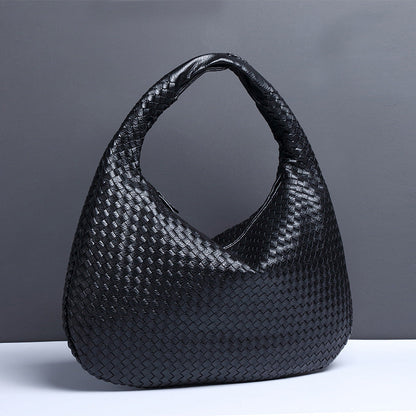 NNEDSZ Black Elegant Woven PU Leather Hobo Bag - Stylish Large-Capacity Shoulder Handbag for Women