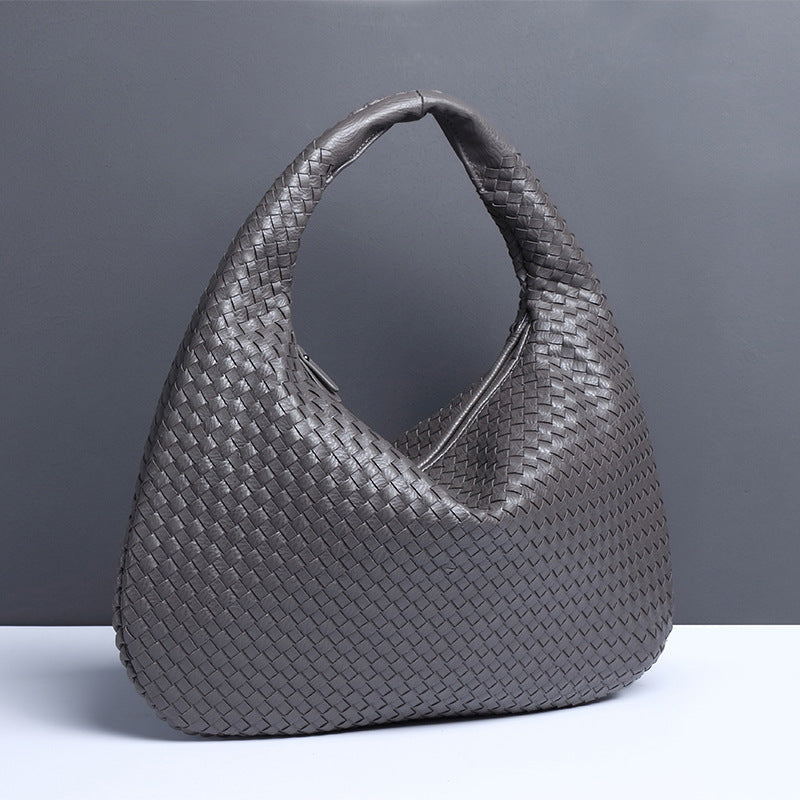 NNEDSZ Dark Gray Elegant Woven PU Leather Hobo Bag - Stylish Large-Capacity Shoulder Handbag for Women