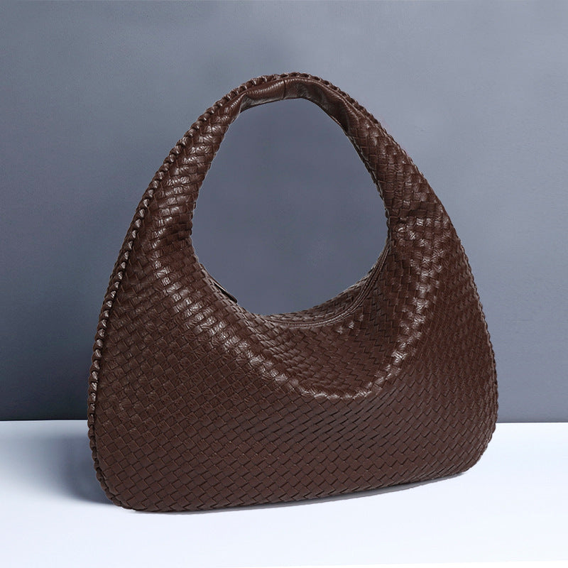 NNEDSZ Dark Coffee Elegant Woven PU Leather Hobo Bag - Stylish Large-Capacity Shoulder Handbag for Women