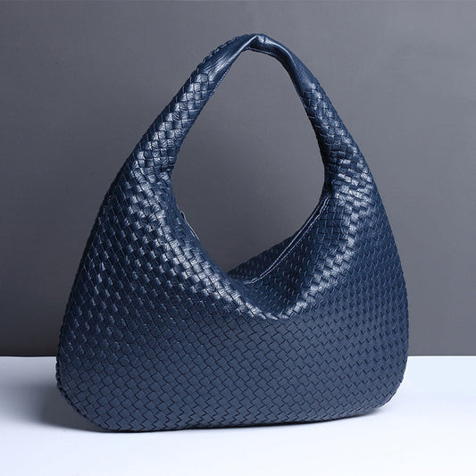 NNEDSZ Dark Blue Elegant Woven PU Leather Hobo Bag - Stylish Large-Capacity Shoulder Handbag for Women