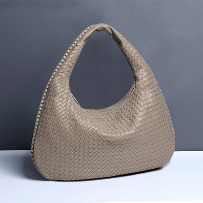 NNEDSZ Beige-gray Elegant Woven PU Leather Hobo Bag - Stylish Large-Capacity Shoulder Handbag for Women