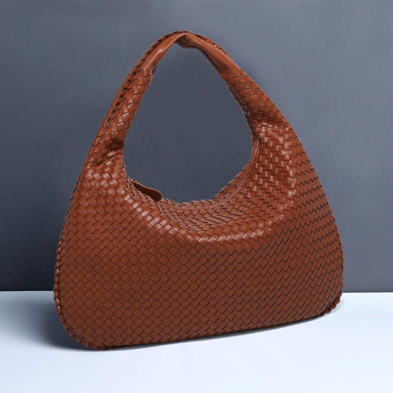 NNEDSZ Dark Brown Elegant Woven PU Leather Hobo Bag - Stylish Large-Capacity Shoulder Handbag for Women