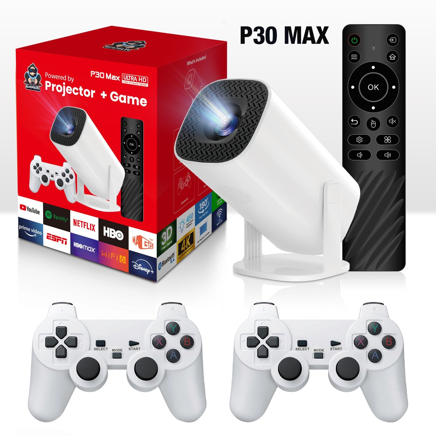 NNEDSZ P30 Max 4K Ultra HD Projector with 3D Gaming - Includes 2 Wireless Controllers, Remote Control, and Streaming Support