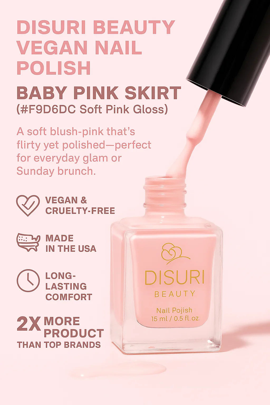 DISURI Beauty Vegan Nail Polish – Baby Pink Skirt (#F9D6DC Soft Pink Gloss, 15 ml)