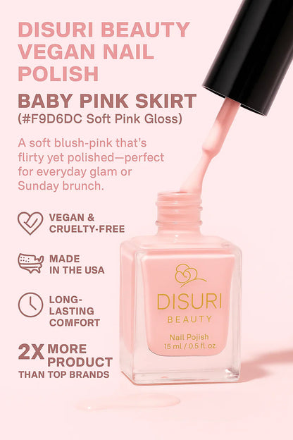 DISURI Beauty Vegan Nail Polish – Baby Pink Skirt (#F9D6DC Soft Pink Gloss, 15 ml)