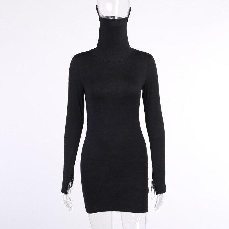 Autumn Hot Fashion Slim Long Sleeve Solid Black Women Dress With Face Mask Neck Short Mini Bodycon Street Dresses Vestidos
