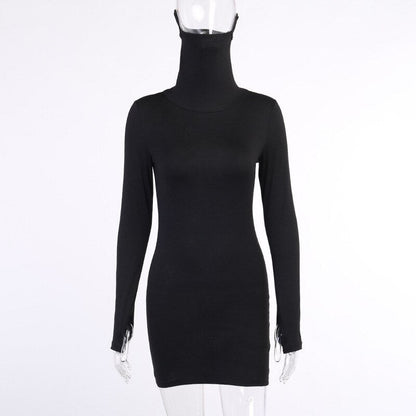 Autumn Hot Fashion Slim Long Sleeve Solid Black Women Dress With Face Mask Neck Short Mini Bodycon Street Dresses Vestidos