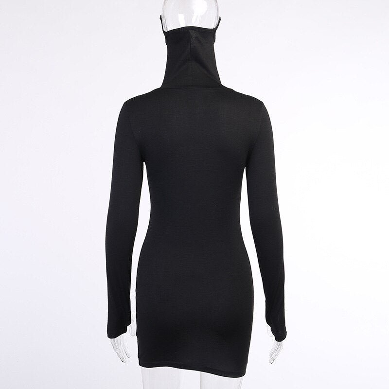 Autumn Hot Fashion Slim Long Sleeve Solid Black Women Dress With Face Mask Neck Short Mini Bodycon Street Dresses Vestidos