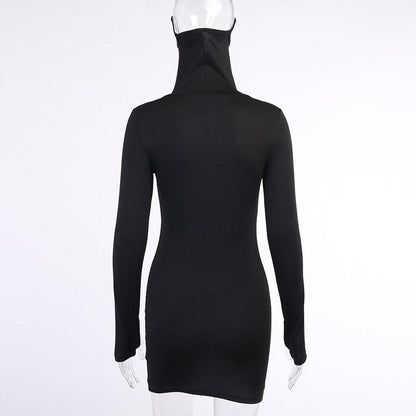 Autumn Hot Fashion Slim Long Sleeve Solid Black Women Dress With Face Mask Neck Short Mini Bodycon Street Dresses Vestidos
