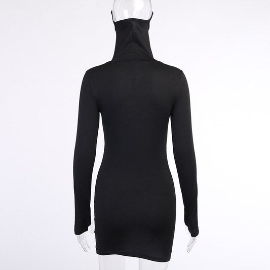 Autumn Hot Fashion Slim Long Sleeve Solid Black Women Dress With Face Mask Neck Short Mini Bodycon Street Dresses Vestidos