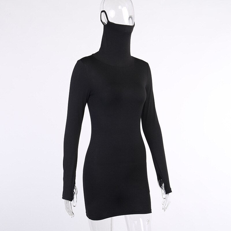 Autumn Hot Fashion Slim Long Sleeve Solid Black Women Dress With Face Mask Neck Short Mini Bodycon Street Dresses Vestidos