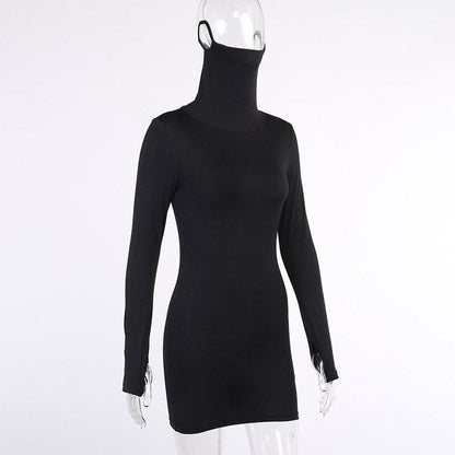 Autumn Hot Fashion Slim Long Sleeve Solid Black Women Dress With Face Mask Neck Short Mini Bodycon Street Dresses Vestidos