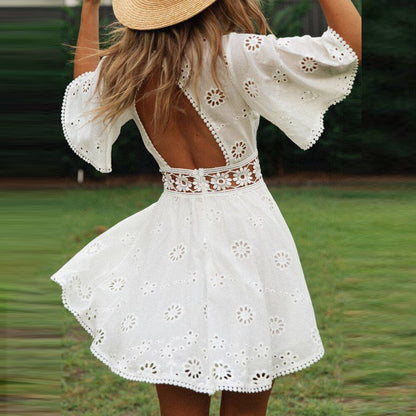 Backless Dress Short Sleeve Mini Cocktail Sundress Cotton+Lace Lady Casual Women Summer Dresses Sweet Cute Fashion