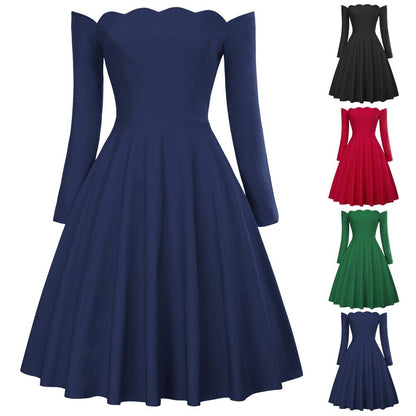 Belle Poque Women Dresses Retro Sexy Long Sleeve Off Shoulder Flared A-Line Dress Swing Knee Length Solid Fall Lady Dresses New