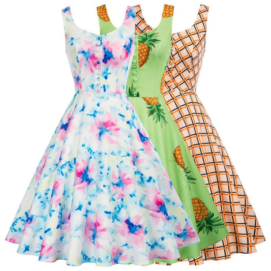 Belle Poque Women Dresses Vintage Pineapple Pattern Dress Sleeveless Buttons Decorated Print Vacation Summer A-Line Dresses New