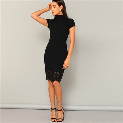 Black Laser Cut Scallop High Neck Summer Pencil Dress Women Office Lady Short Sleeve Solid Bodycon Sexy Classy Dresses