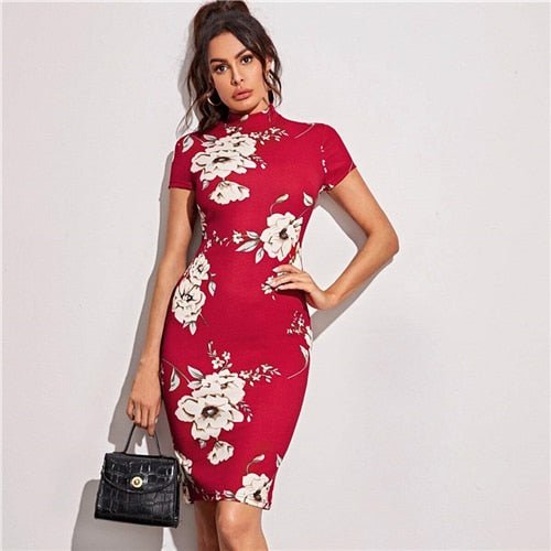 Black Mock-Neck Floral Print Bodycon Dress Short Sleeve Elegant Fitted Midi Dresses