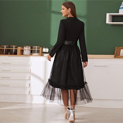 Black Notch Collar Without Belt Mesh Overlay Wrap Dress Women Autumn A Line Long Sleeve High Waist Glamorous Long Dresses