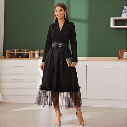 Black Notch Collar Without Belt Mesh Overlay Wrap Dress Women Autumn A Line Long Sleeve High Waist Glamorous Long Dresses