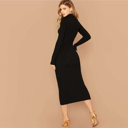 Black Stand Collar Ribbed Knit Bodycon Dress Women Autumn Solid Long Sleeve Office Ladies Form Fitted Pencil Long Dresses