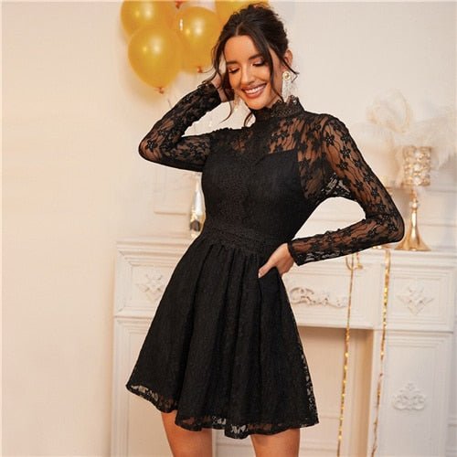 Black Stand Collar Sheer Lace Glamorous Overlay Dress Women Spring High Waist Long Sleeve Flared Ladies Party Dresses