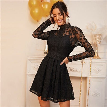 Black Stand Collar Sheer Lace Glamorous Overlay Dress Women Spring High Waist Long Sleeve Flared Ladies Party Dresses