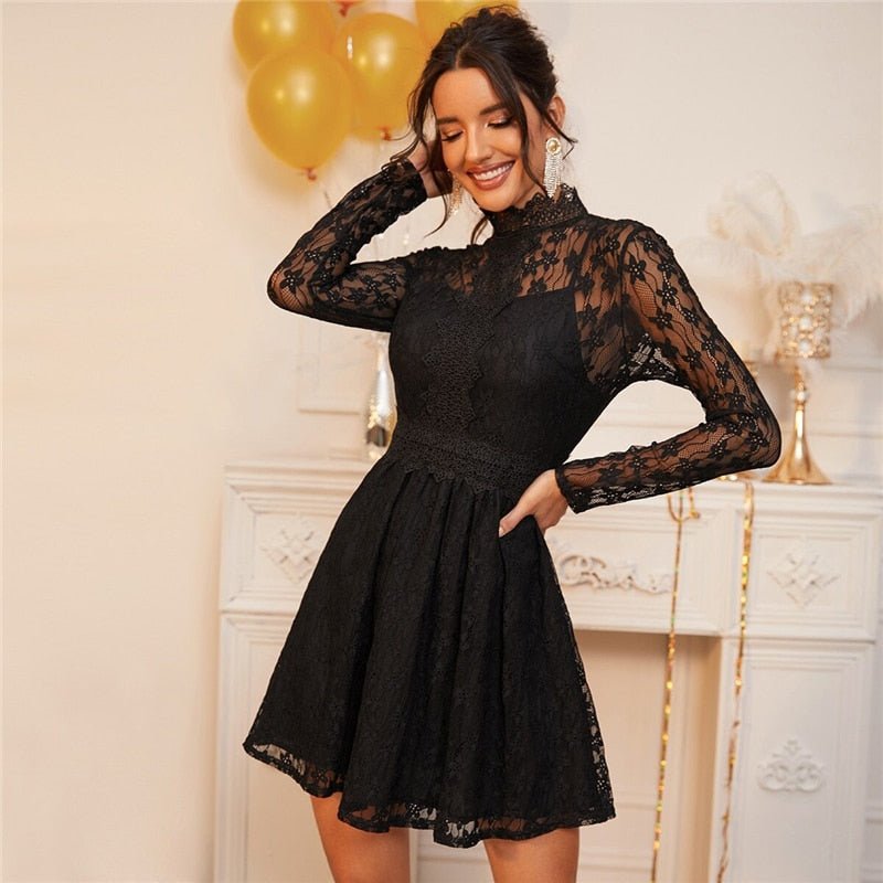 Black Stand Collar Sheer Lace Glamorous Overlay Dress Women Spring High Waist Long Sleeve Flared Ladies Party Dresses