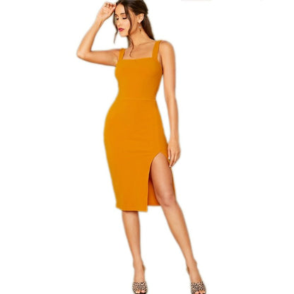 Bright Yellow Solid Split Hem Sexy Thick Strap Dress Without Belt Women Autumn Sleeveless Night Out Bodycon Dresses